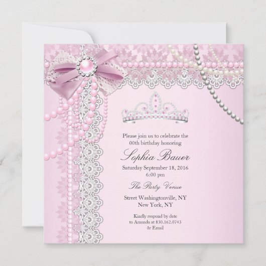 Princess Pink Pearl Bow Lace Birthday Party B Einladung (Vorderseite)