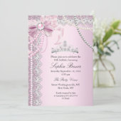 Princess Pink Pearl Bow Lace Birthday Party Einladung (Stehend Vorderseite)