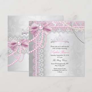 Princess Pink Pearl Bow Lace Silver Geburtstagspar Einladung