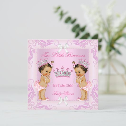 Princess Pink Pearls Twin Baby Dusche Tiara BR Einladung (Stehend Vorderseite)