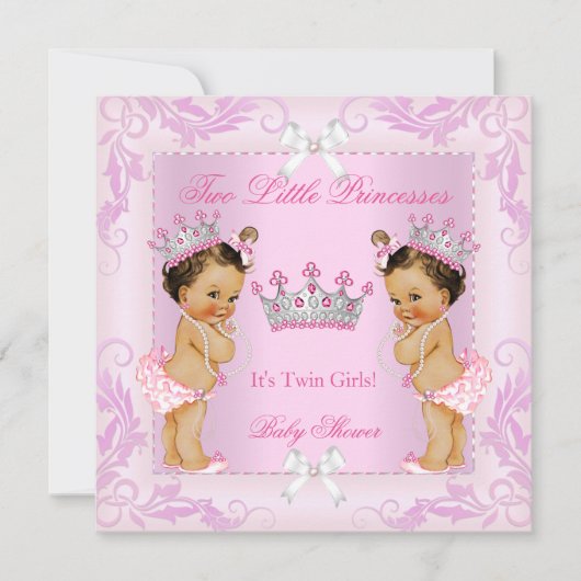 Princess Pink Pearls Twin Baby Dusche Tiara BR Einladung (Vorderseite)
