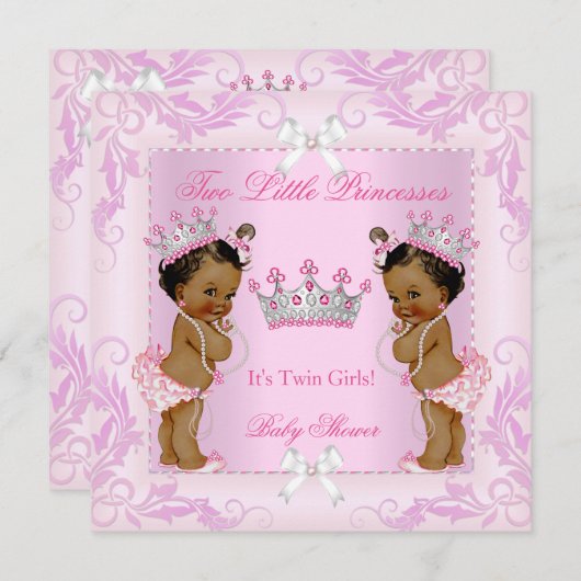Princess Pink Pearls Twin Baby Shower Tiara Ethnic Einladung (Vorne/Hinten)