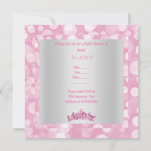 Princess Pink Silver Blase Babydusche Einladung (Rückseite)