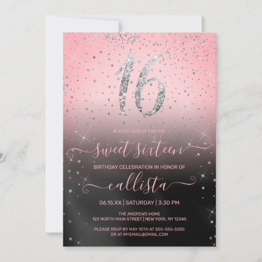 Princess Pink Silver Glitzer Confetti Sweet 16 Einladung (Vorderseite)
