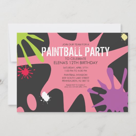 Princess Pink Split Platsches Paintball-Party Einladung (Vorderseite)