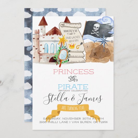 Princess & Pirate Joint Birthday Party Einladung (Vorne/Hinten)