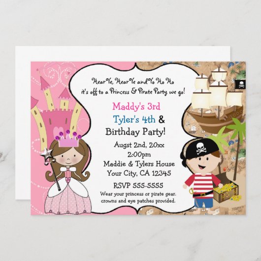 Princess & Pirate Party Einladungen Braun Haar (Vorne/Hinten)