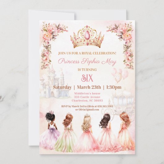 Princess Pledge Crown Pink Floral Girl Birthday Einladung (Vorderseite)