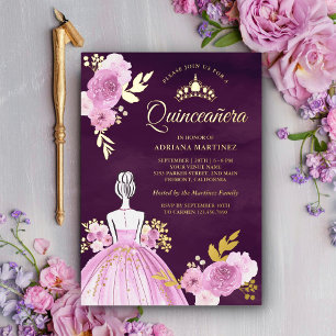 Princess Plum Quinceanera Gold, lila Blumenkleid Folieneinladung