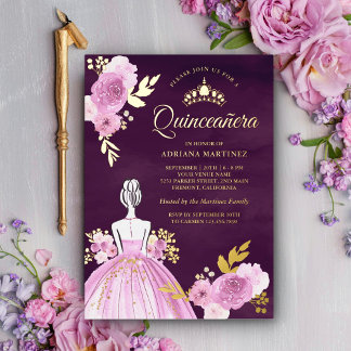 Princess Plum Quinceanera Gold, lila Blumenkleid Folieneinladung