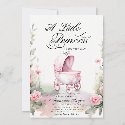 Princess Pram Rose Watercolor Babydusche Einladung (Vorderseite)