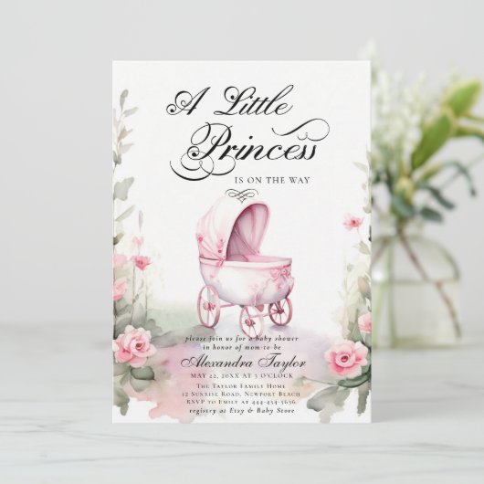 Princess Pram Rose Watercolor Babydusche Einladung (Stehend Vorderseite)
