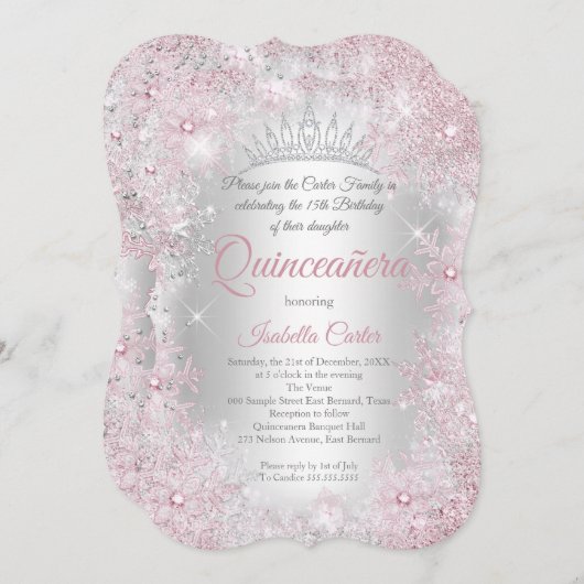 Princess Quinceanera 15. Blush Pink Silver Party Einladung (Vorne/Hinten)