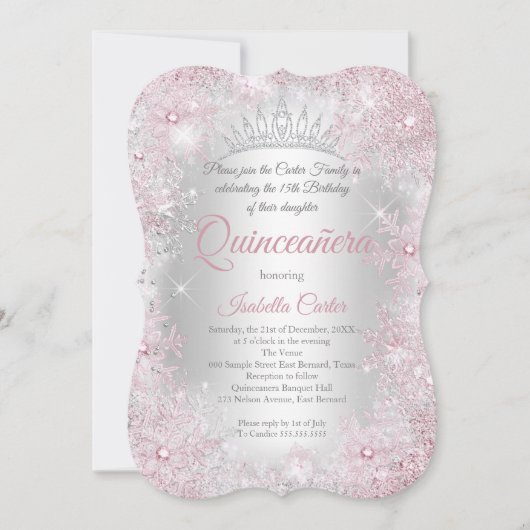 Princess Quinceanera 15. Blush Pink Silver Party Einladung (Vorderseite)