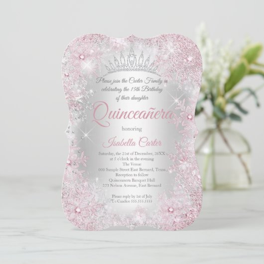 Princess Quinceanera 15. Blush Pink Silver Party Einladung (Stehend Vorderseite)