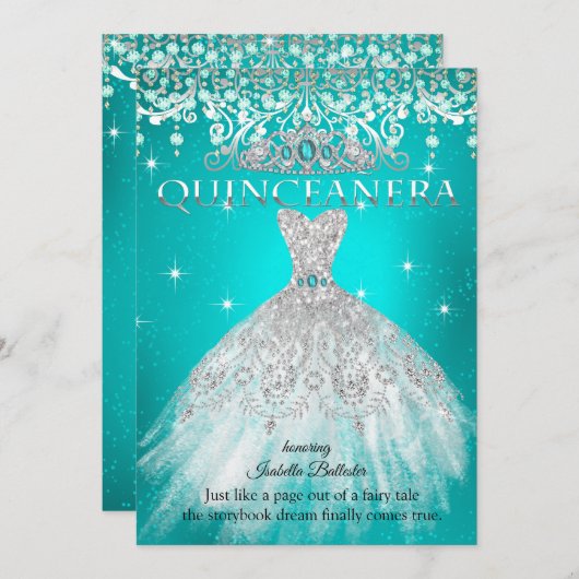 Princess Quinceanera 15. Geburtstag Aquamarin Blue Einladung (Vorne/Hinten)