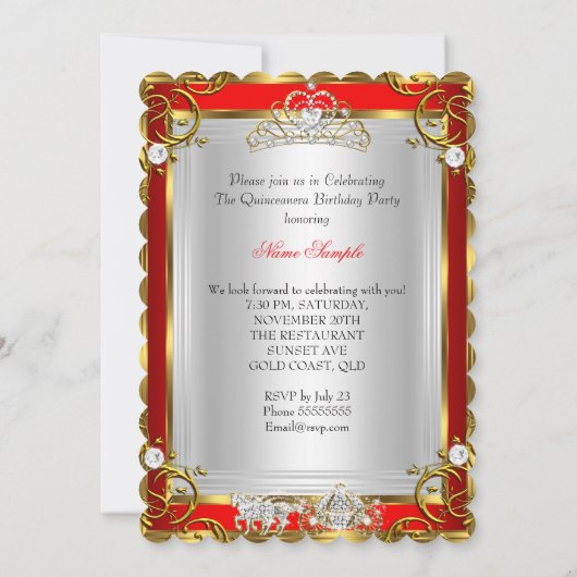 Princess Quinceanera 15. Geburtstag Rot Einladung (Rückseite)