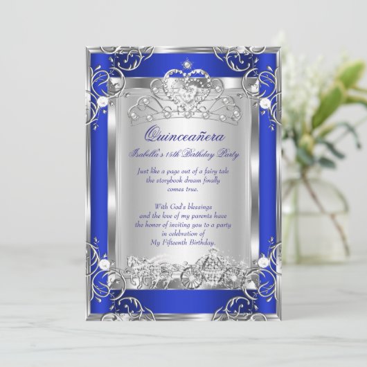Princess Quinceanera 15. Party Deep Blue Silver Einladung (Stehend Vorderseite)