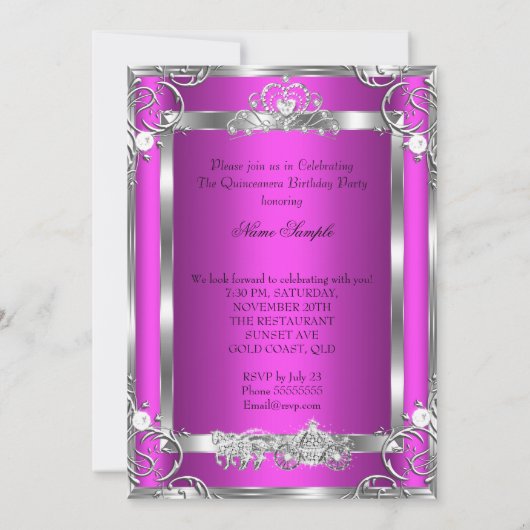 Princess Quinceanera 15. Party Rosa Silber Einladung (Rückseite)
