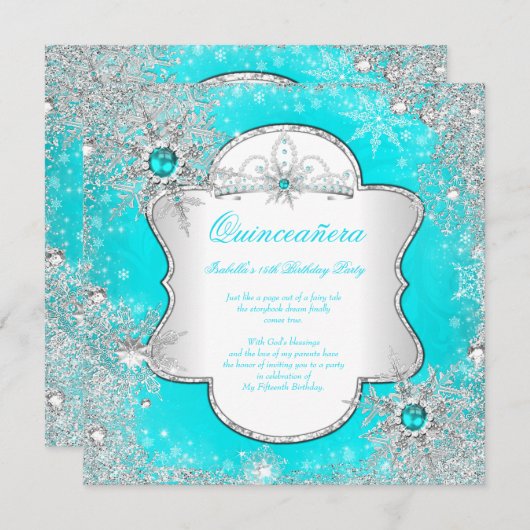 Princess Quinceanera Aqua Aquamarin Winter Wunderl Einladung (Vorne/Hinten)