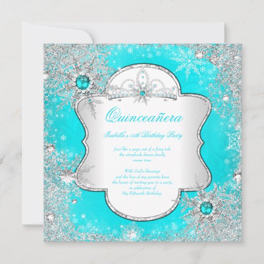 Princess Quinceanera Aqua Aquamarin Winter Wunderl Einladung (Vorderseite)