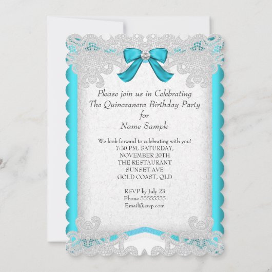 Princess Quinceanera Aquamarin Blue Lace Birthday Einladung (Rückseite)