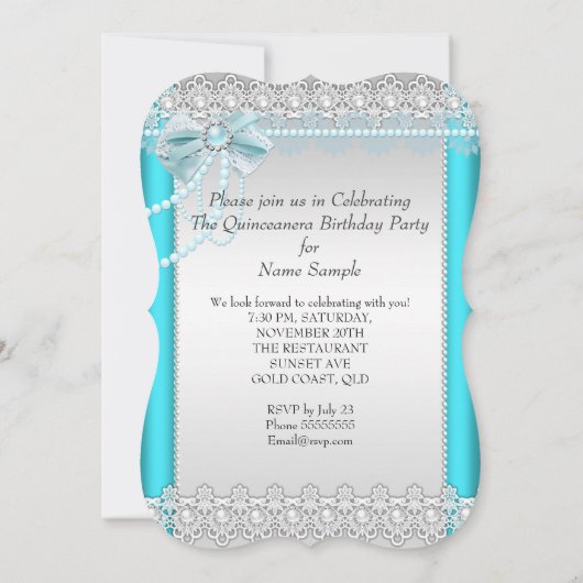 Princess Quinceanera Aquamarin Blue Lace Pearl Tia Einladung (Rückseite)