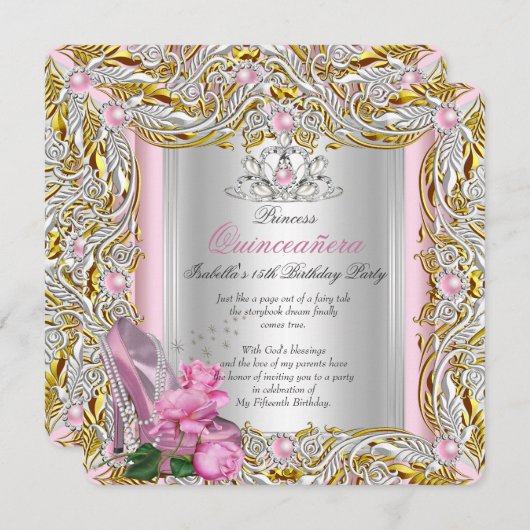 Princess Quinceanera Birthday Pink Rose Gold Einladung (Vorne/Hinten)