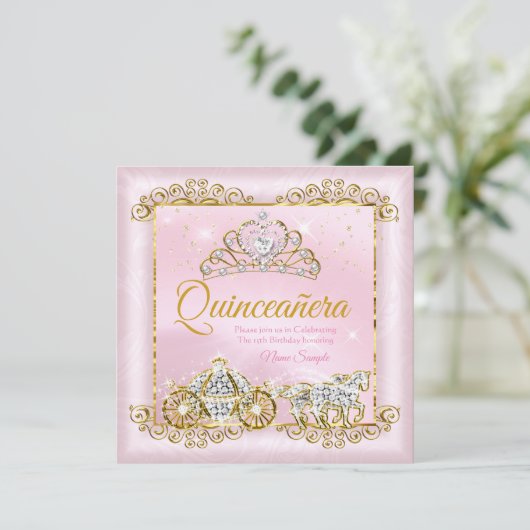 Princess Quinceanera Blush Pink Gold Kutsche Einladung (Stehend Vorderseite)