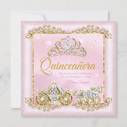 Princess Quinceanera Blush Pink Gold Kutsche Einladung (Vorderseite)