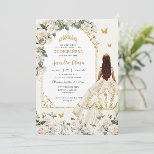 Princess Quinceañera Champagne Ivory Rose Dress Einladung (Stehend Vorderseite)