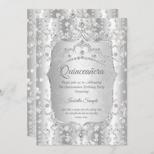 Princess Quinceanera Diamant silberweiße Tiara Einladung (Vorne/Hinten)