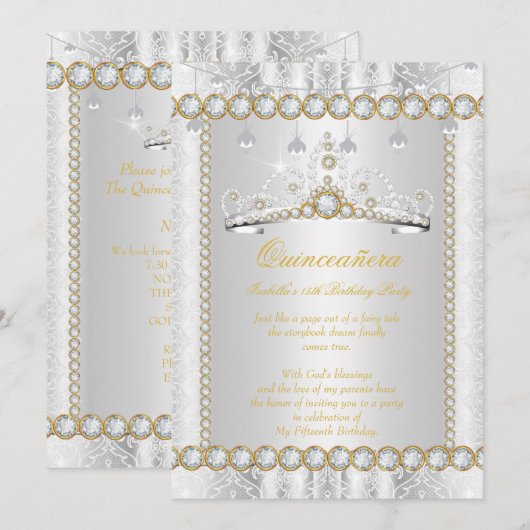 Princess Quinceanera Diamond Lace Gold Silber Einladung (Vorne/Hinten)
