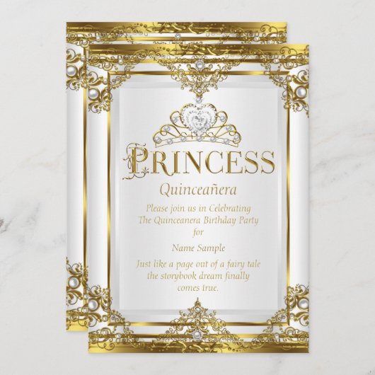 Princess Quinceanera Elegant Gold Weißer Perle 2 Einladung (Vorne/Hinten)