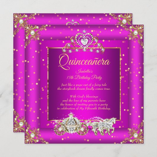 Princess Quinceanera Elite Magenta Goldene Sparkas Einladung (Vorne/Hinten)