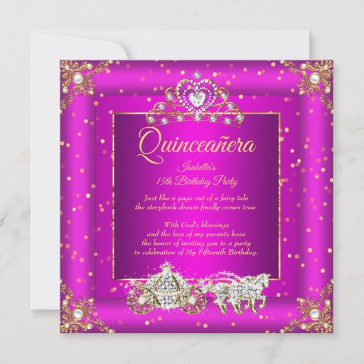 Princess Quinceanera Elite Magenta Goldene Sparkas Einladung (Vorderseite)