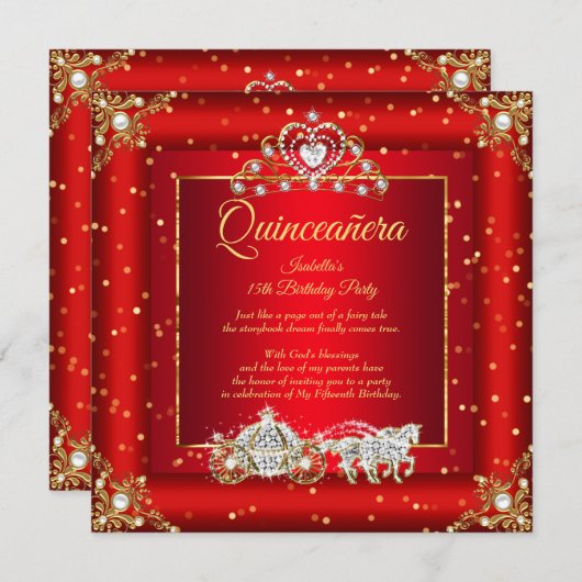 Princess Quinceanera Elite Regal Red Gold Sparkone Einladung (Vorne/Hinten)