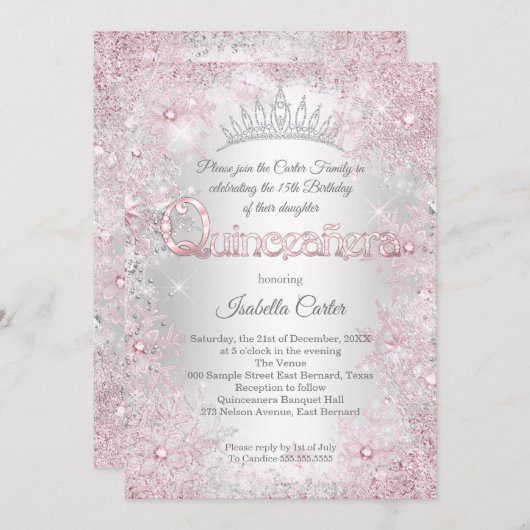 Princess Quinceanera Geburtstagsparty Pink Silver Einladung (Vorne/Hinten)