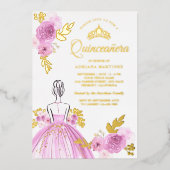 Princess Quinceanera Gold, lila Blumenkleid Folieneinladung (Vorderseite)