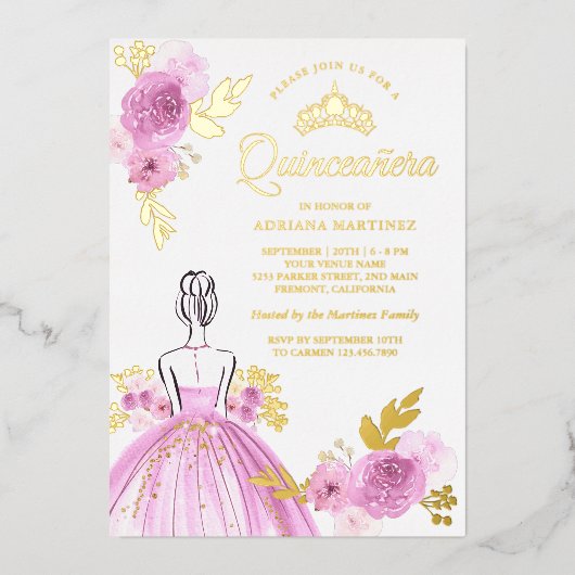 Princess Quinceanera Gold, lila Blumenkleid Folieneinladung (Vorderseite)