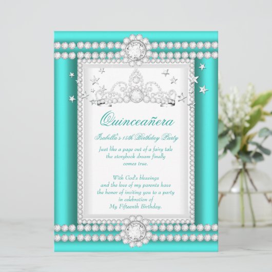 Princess Quinceanera Jade Aquamarin Diamond Tiara Einladung (Stehend Vorderseite)