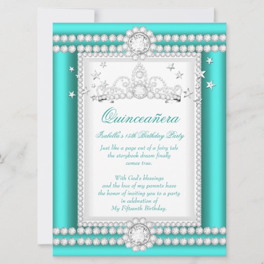 Princess Quinceanera Jade Aquamarin Diamond Tiara Einladung (Vorderseite)
