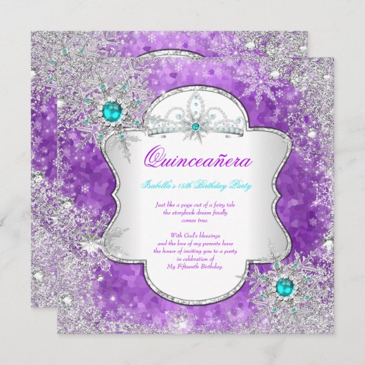 Princess Quinceanera Lila Aquamarines Winterwunder Einladung (Vorne/Hinten)