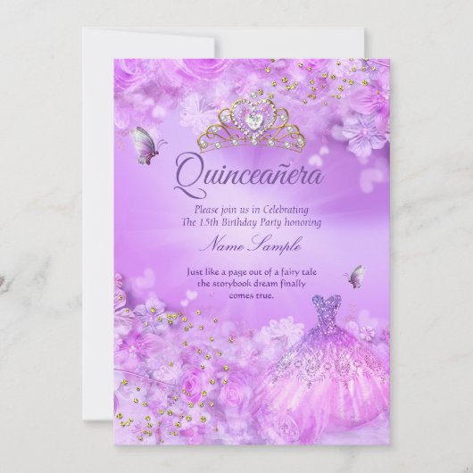 Princess Quinceanera lila rosa Blumenkleid Einladung (Vorderseite)