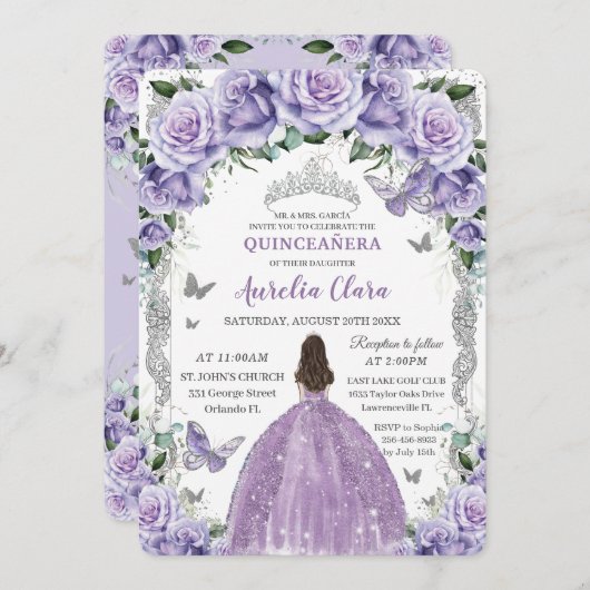 Princess Quinceañera Lila Rose Blumensilber Einladung (Vorne/Hinten)
