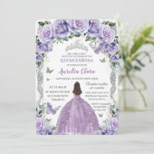 Princess Quinceañera Lila Rose Blumensilber Einladung (Stehend Vorderseite)