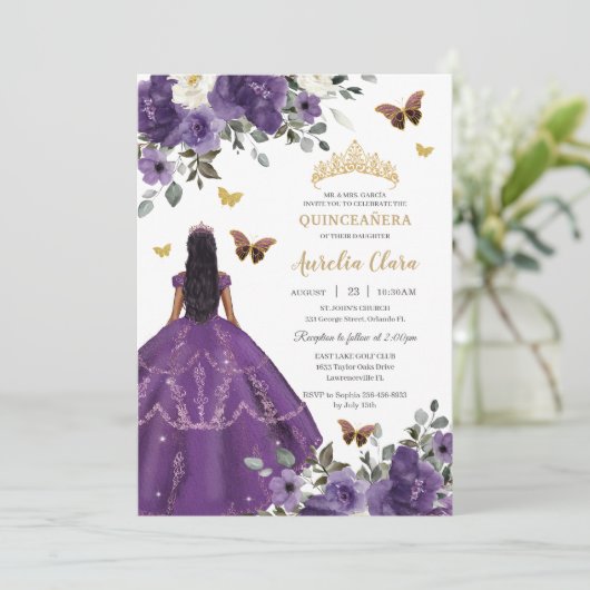 Princess Quinceañera Lila Rose Dress Gold Einladung (Stehend Vorderseite)