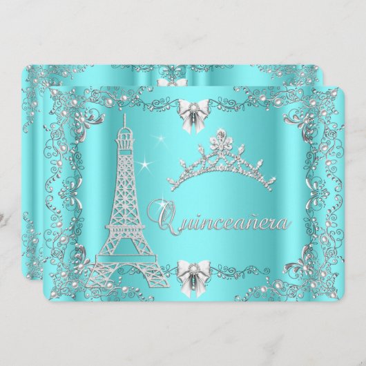 Princess Quinceanera Magical Aquamarin Blue Silver Einladung (Vorne/Hinten)