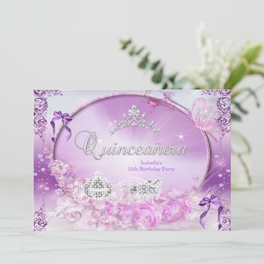 Princess Quinceanera Magische Lila Beförderung Einladung (Stehend Vorderseite)