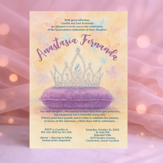Princess Quinceañera Pastel Watercolor Crown Einladung